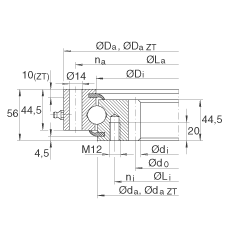 四點接觸球軸承 VSI200744-N, 標準系列 20， 內部的齒輪齒，兩側唇密封