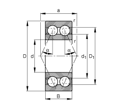 角接觸球軸承 30/8-B-TVH, 雙列，接觸角 α = 25°