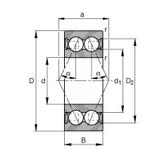 角接觸球軸承 3007-B-2RSR-TVH, 雙列，雙側(cè)唇密封，接觸角 α = 25°