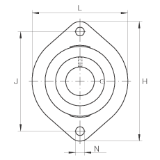 軸承座單元 FLCTEY25, 帶兩個螺栓孔的法蘭的軸承座單元，鑄鐵， 內(nèi)圈帶平頭螺釘， P 型密封，無再潤滑結(jié)構(gòu)